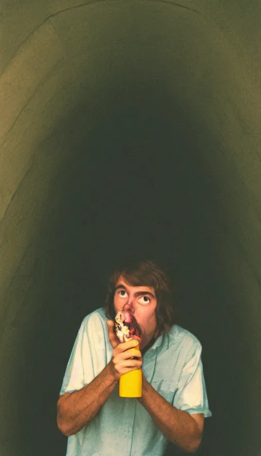 Prompt: 7 0 s movie still of a man with his mouth full of moth in a yellow tiny tunnel, cinestill 8 0 0 t 3 5 mm eastmancolor, heavy grain, high quality, high detail