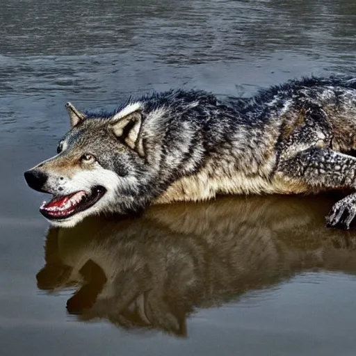 Image similar to a wolf crocodile!!! hybrid! hyper realistic!! realistic lighting!! bold natural colors, masterpiece, ( trending on artstation ) photograph! national geographic, wildlife photographer of the year