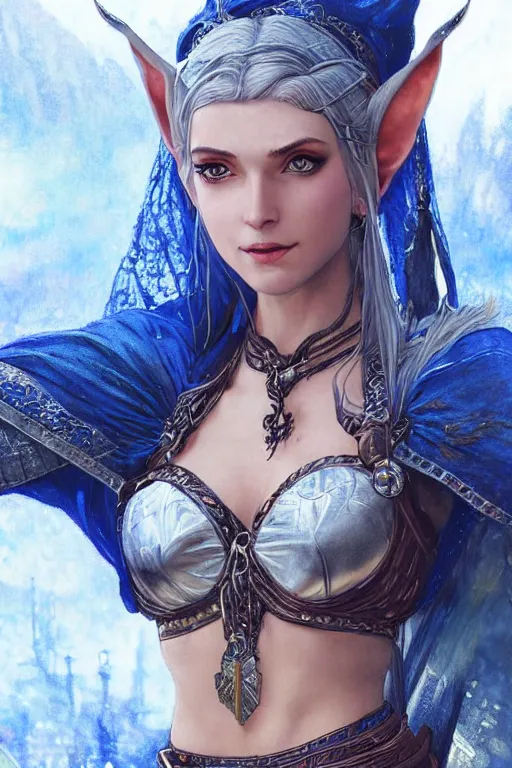 Image similar to alluring highly detailed matte close-up portrait of beautiful elf Shani (from Witcher 3) wearing chesty chainmail bikini and a blue cloak, very detailed, realistic, manga, pen and ink, by Stanley Artgerm Lau, greg rutkowski, thomas kindkade, alphonse mucha, loish, norman rockwell J.