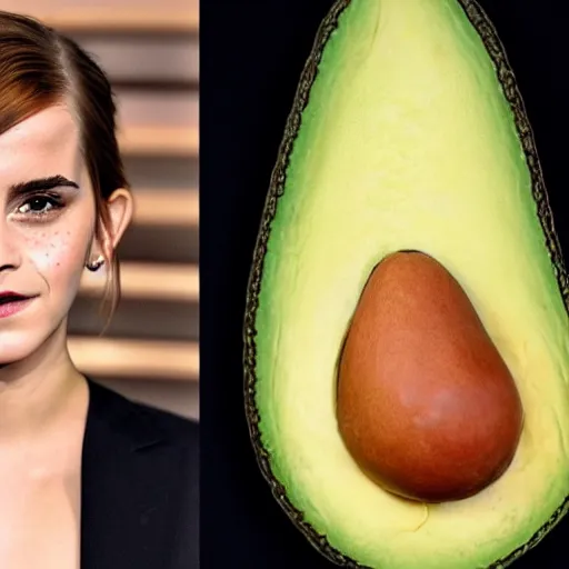 Image similar to anthropomorphic photograph of emma watson an avocado