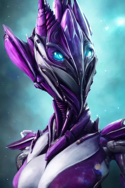 Image similar to cinematic bust shot, detailed elegant beautiful stunning giant robot mecha hot female goddess dragon, sharp spines, sharp metal ears, smooth purple eyes, smooth fuschia skin, elegant smooth silver armor, nebula size, space, epic proportions, epic scale, warframe fanart, macro giantess, furry art, dragon art, goddess art, giantess art, furaffinity, octane
