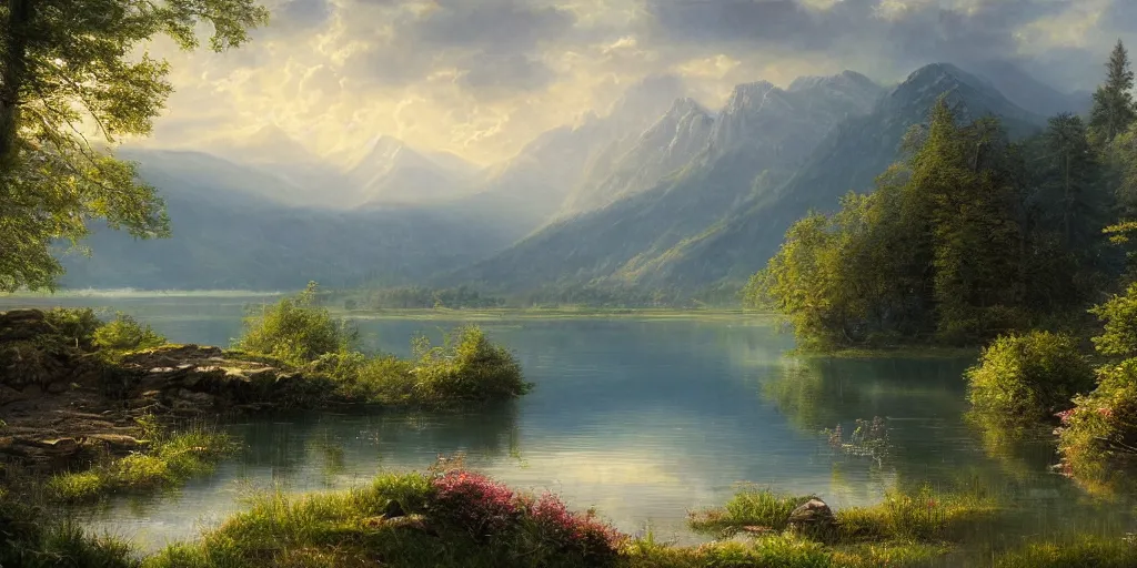 Image similar to a beautiful lake landscape in summer, by Ernest deutsch + Ted Nasmith, cinematic lighting, masterpiece, highly detailed, 8k resolution, trending on art station
