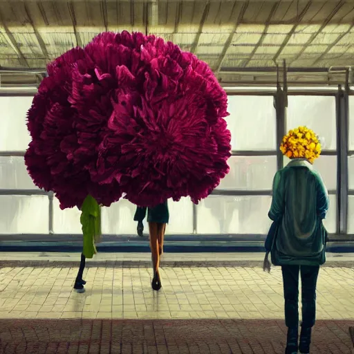 Image similar to giant carnation flower head, woman in metro station, surreal photography, dramatic light, impressionist painting, digital painting, artstation, simon stalenhag