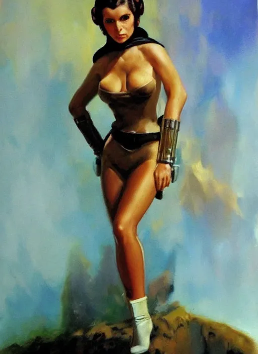 Image similar to oil painting of Princess Leia by frank frazetta alluring pin up deviant art star wars