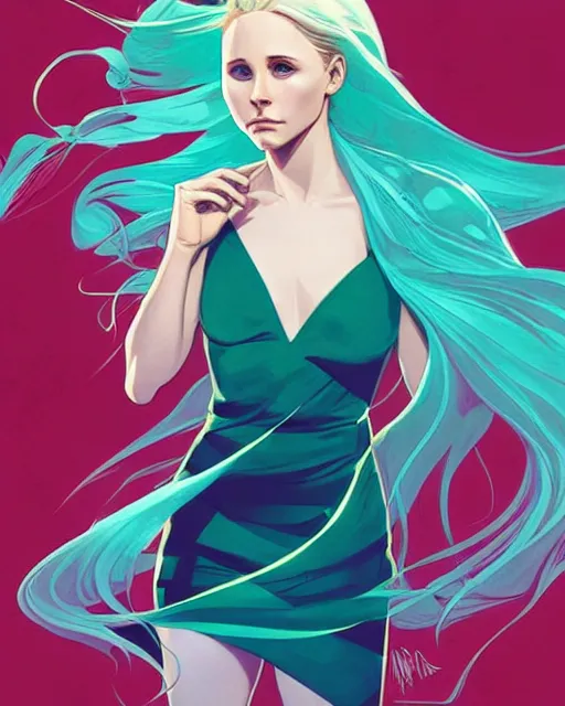 Image similar to style artgerm, joshua middleton, beautiful kristen bell with green dress, very long blue hair, symmetrical face, symmetrical eyes, water powers water swirling, detailed, beach setting, cinematic lighting