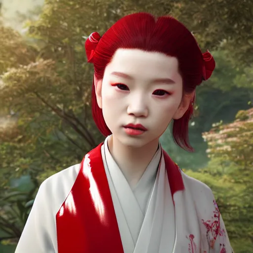 Image similar to beautiful albino Asian girl kid in a fancy kimono, unreal engine octane, red and white, gliter, depth of field, 8k, hyper detailed, trending on artstation