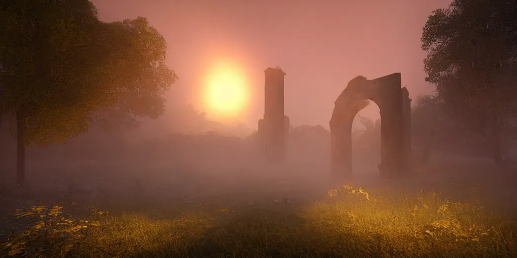 Image similar to mystical ruins, volumetric lighting, sunrise, vivid, fog