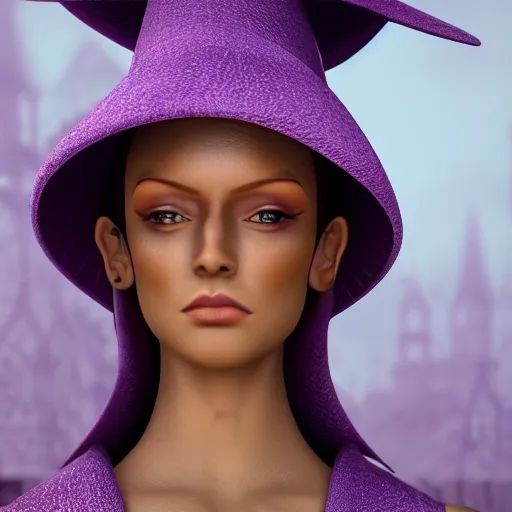 Prompt: fantasy witch wearing a purple hat, extreme detail, octane render, trending on artstation, 4 k, medium shot, symmetrical, bokeh, volumetric lighting, subsurface scattering.