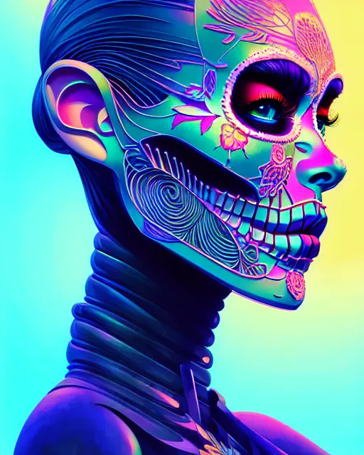 Prompt: ultra detailed beautiful female android, side portrait, sharp focus, highly detailed vfx portrait, scribble art, speed painting, geometric shapes, global illumination, by james jean and moebius and artgerm and liam brazier and victo ngai and tristan eaton. vector art, digital illustration, concept art, dia de los muertos. 8 k, hdr