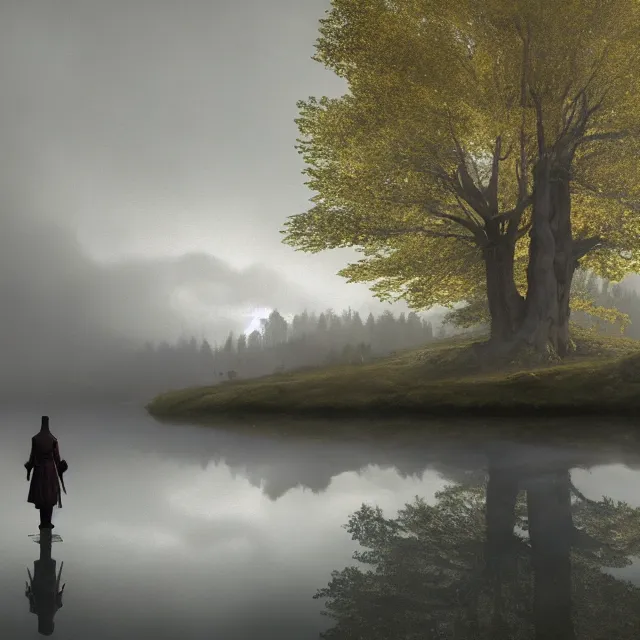 Prompt: a tower emerging from a lake, fog, fir trees, dramatic atmosphere, gloomy, yellow light in the clouds, medieval adventurers in lord of the rings scenery landscape, reflections, highly detailed, cinematic lighting, perfect composition, 4 k, gustave dore, derek zabrocki, greg rutkowski, belsinski, octane render