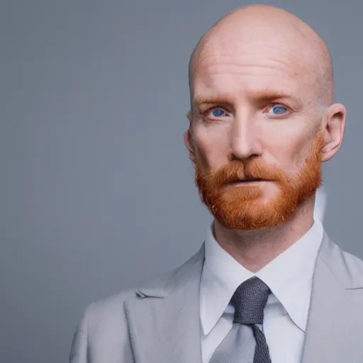 Prompt: photograph of an angelic ginger man in his 40s, greenish blue eyes, small nose, clean shaven, no wrinkles, tall, wearing a white shirt and elegant gray dress jacket, looking into the distance