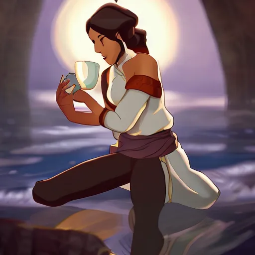 Prompt: Avatar korra drinking tea, digital art