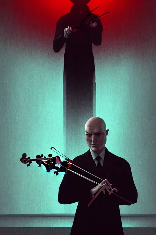 Image similar to an expressive portrait of agent 4 7 playing the violin in a monastery, dark background, red rim light, digital art, artstation, concept art by giger stalenhag