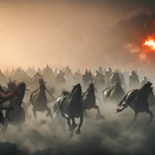 Prompt: an horse attacking a horde of humans in a battlefield, explosions, foggy, dust, dirt, cinematography, photography, realistic, detailed,