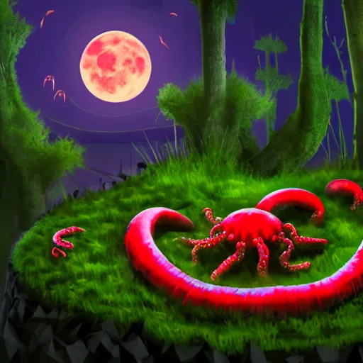 Image similar to voidless of the festival!, The Graveyard, blood moon tentacles!!, outsider art!!!, large group of crabs and worms, crawling along a bed of moss, low poly, creeper world, handcrafted, artstation, hyperrealistic, hard light, best practices, creeptastic, photorealism, macro perspective, cuddly