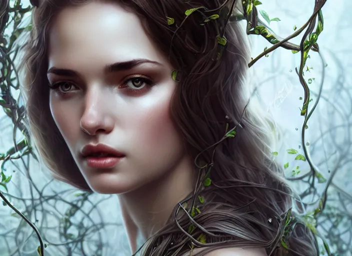 Image similar to highly detailed beautiful woman wrapped up in vines, illustration, full body realistic eyes, artstation, cinematic lighting, hyperdetailed, detailed realistic symmetrical eyes, cgsociety, 8k, high resolution, Charlie Bowater, Tom Bagshaw, Norman Rockwell, insanely detailed and intricate, clean white background