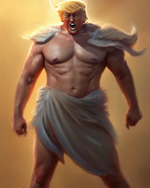 Image similar to character concept art of donald trump as poseidon in a dynamic pose | cute - fine face, pretty face, realistic shaded perfect face, fine details by stanley artgerm lau, wlop, rossdraws, james jean, andrei riabovitchev, marc simonetti, and sakimichan, tranding on artstation