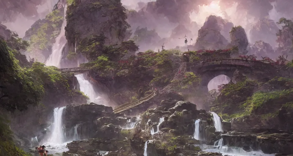 Image similar to A beautiful digital painting stone footbridge, waterfall, lovely valley by Stanley Artgerm Lau, frank frazetta, Rossdraws, James Jean, gerald brom, Andrei Riabovitchev, Marc Simonetti, and Sakimichan, trending on artstation