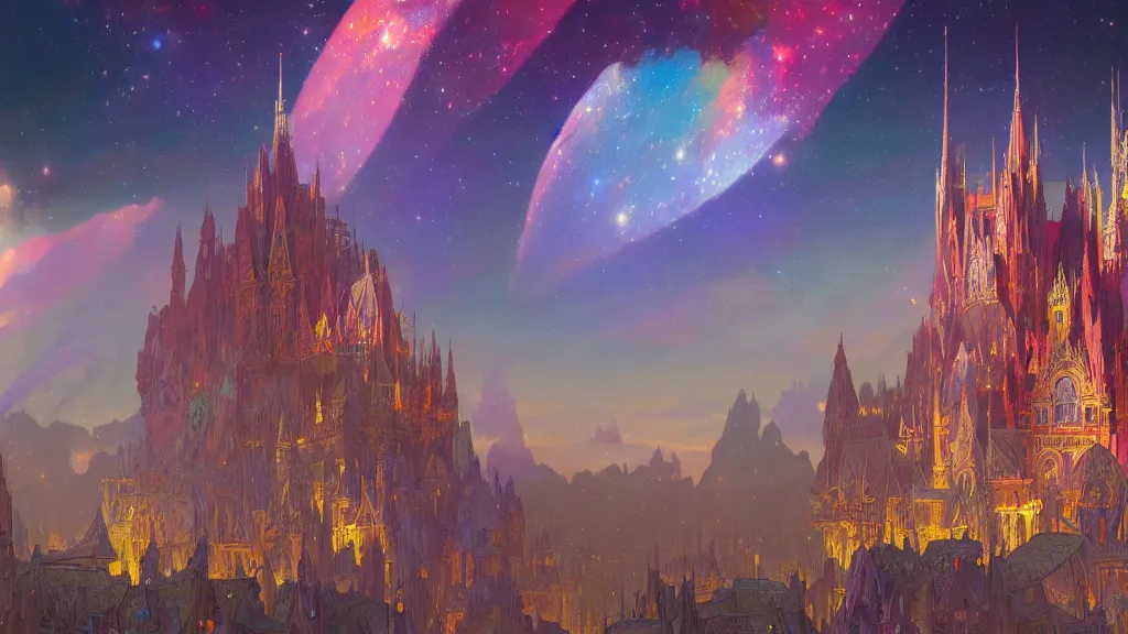 Image similar to a beautiful highly detailed matte painting of colorful castle nebulas by moebius, alphonse mucha, stars in the background, highly detailed, intricate design, 8 k resolution, octane render, trending on artstation and cgsociety