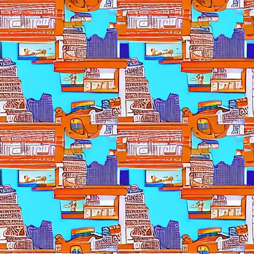 Image similar to fashion house hermes repeating pattern featuring cities and people vector illustration in style of anime realistic uhd 8 k