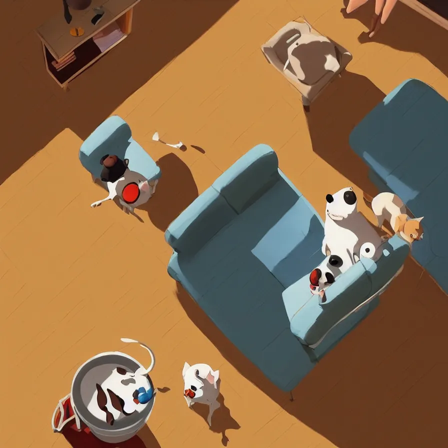 Prompt: Goro Fujita illustrating a dog looking down from the top of the sofa at his food bowl, art by Goro Fujita, sharp focus, highly detailed, ArtStation