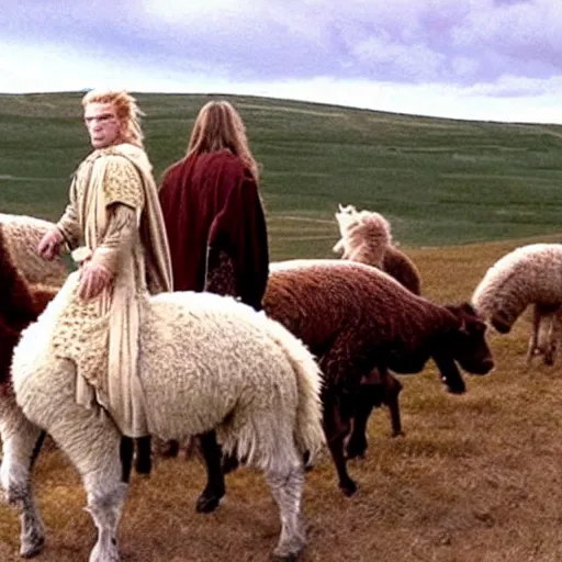 Image similar to still from lord of the rings showing the ride of the rohirrim, but on alpacas