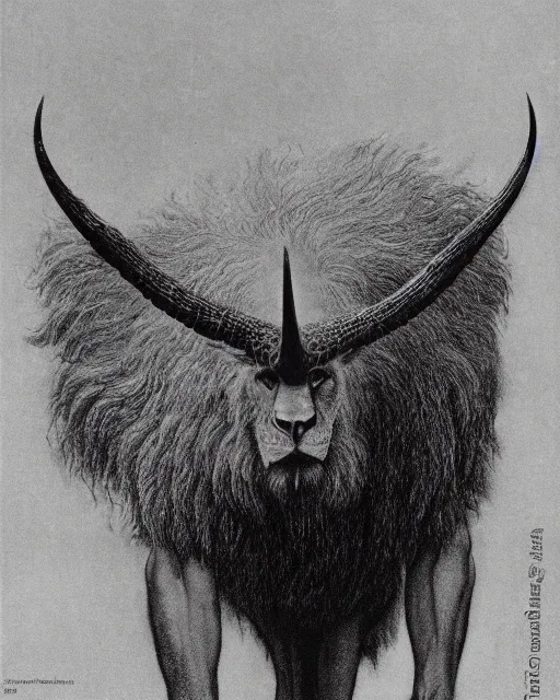 Image similar to a creature with the body and eyes of a man, with the beak of an eagle, the mane of a lion, and the horns of an ox. drawn by zdzislaw beksinski