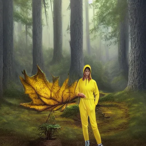 Image similar to Big wall poster artwork of forest by Michael Whelan, Rendering of a dead woman wearing yellow velor sweat suit and dirty heavily worn white keds slip on tennis shoe with toes pointing up covered by dark colored leaves and twigs from the calf and up, Matte painting, trending on artstation and unreal engine