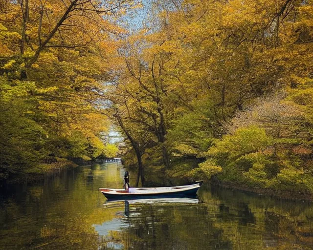 Image similar to one single short small wooden boat in a very narrow river, trees, shady, ripples, reflections. A boy and a girl are standing in the boat. Romantic. Sakura trees and green trees. By Makoto Shinkai, Stanley Artgerm Lau, WLOP, Rossdraws, James Jean, Andrei Riabovitchev, Marc Simonetti, krenz cushart, Sakimichan, trending on ArtStation, digital art.