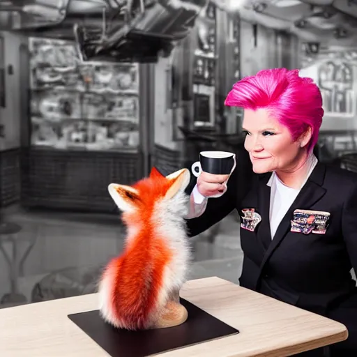 Prompt: captain janeway sharing coffee with a robotic fox with pink hair, inside a french cafe, real life photo, hdr 8 k advertising photography, studio lighting