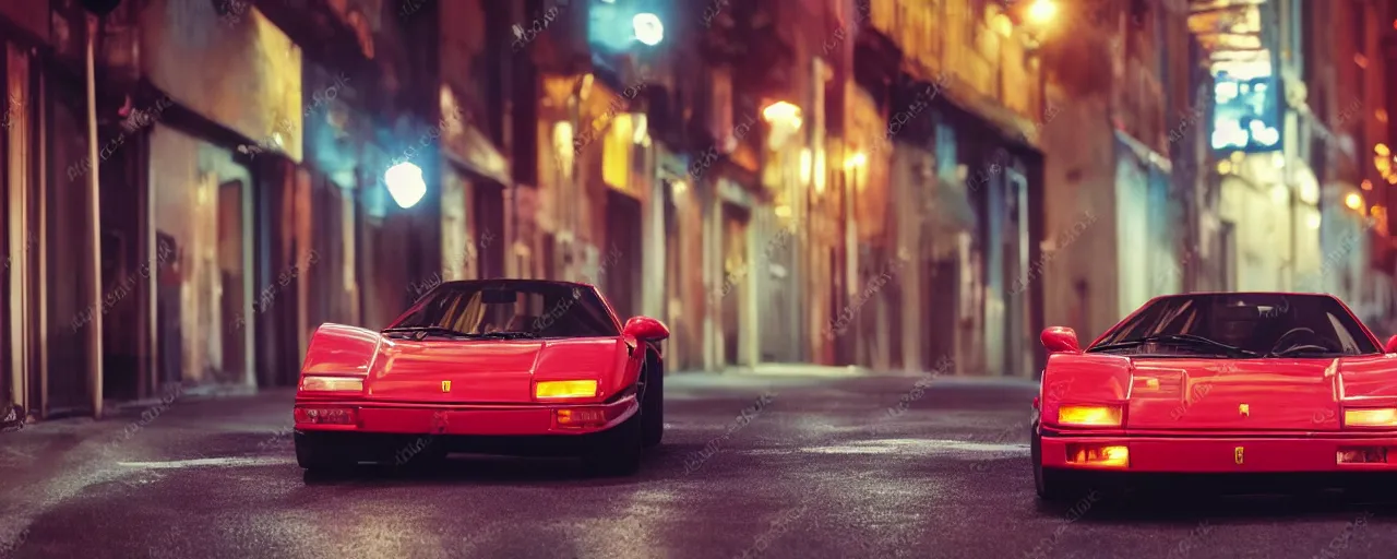 Image similar to 80s red Ferrari sports car, parked on deserted city street at night time, purple lighted street, retro-wave vibes, grainy, soft motion blur, VHS Screencap