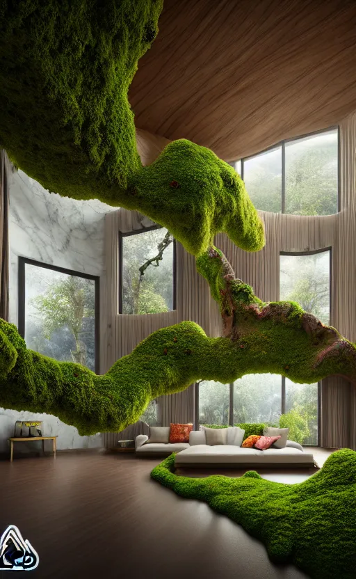 Image similar to highly detailed villa natural beautiful light interior soft cinematic composition of a smooth ceramic porcelain biomorphic magnolia stone nebula fluid sci - fi surreal colorful architecture landscape, furniture, granite, trees, marble, moss, lichen, fungi, vincent callebaut composition, mamou - mani, archviz, 8 k, unreal engine, hdr