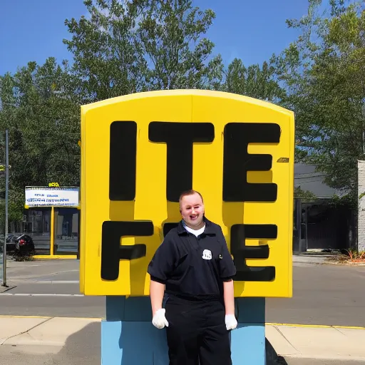 Image similar to wafflehouse employee's standing below wafflehouse sign, employees uniform is blue and black with yellow name tags