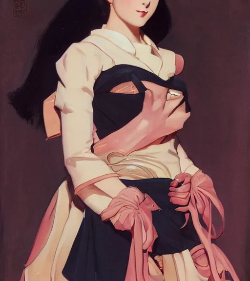 Image similar to j. c. leyendecker painting of an anime woman, direct flash photography at night, film grain