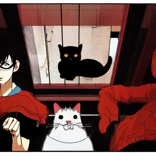 Image similar to a cat watches the end of the world, by satoshi kon