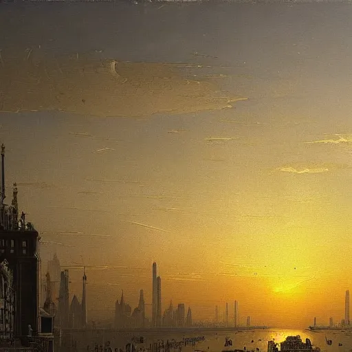 Prompt: painting of a sunset in a futuristic city, by Canaletto, masterpiece, trending on ArtStation