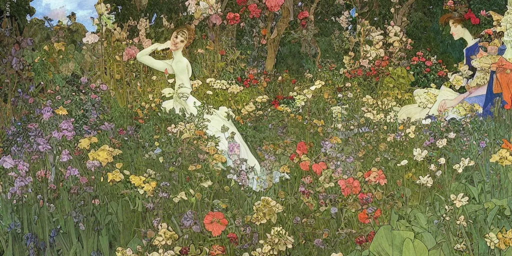 Image similar to an illustration of a beautiful garden, isometric view, painted by denis sarazhin and james jean and alphonse mucha