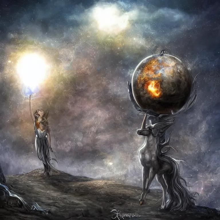 Image similar to Magical glowing sphere in midair containing a white celestial unicorn trapped inside it. A burnt landscape is in the background. The sphere is held by sinister rusting steel pincers that reach from the ground. Fantasy art in the style of Anne Stokes. Digital art, with lots of details, daily deviation on DeviantART