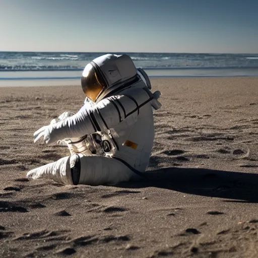 Image similar to an astronaut relaxing on the beach, dramatic lighting, cinematic, extremly high detail, photorealistic, cinematic lighting, nasa footage