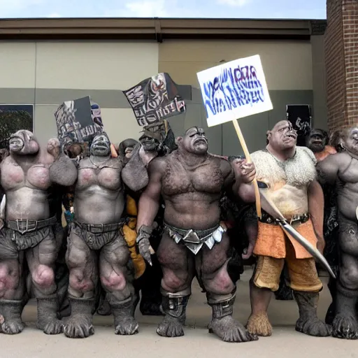 Image similar to orcs standing outside of a Walmart, protesting the working conditions, High detail, 2005