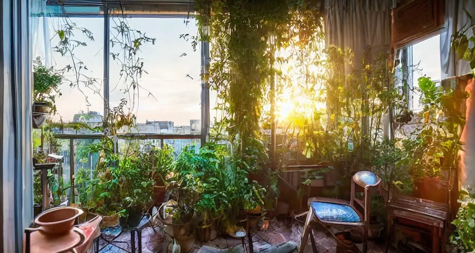 Image similar to a cozy appartment with an overgrown balcony, studio Ghibli style, golden hour