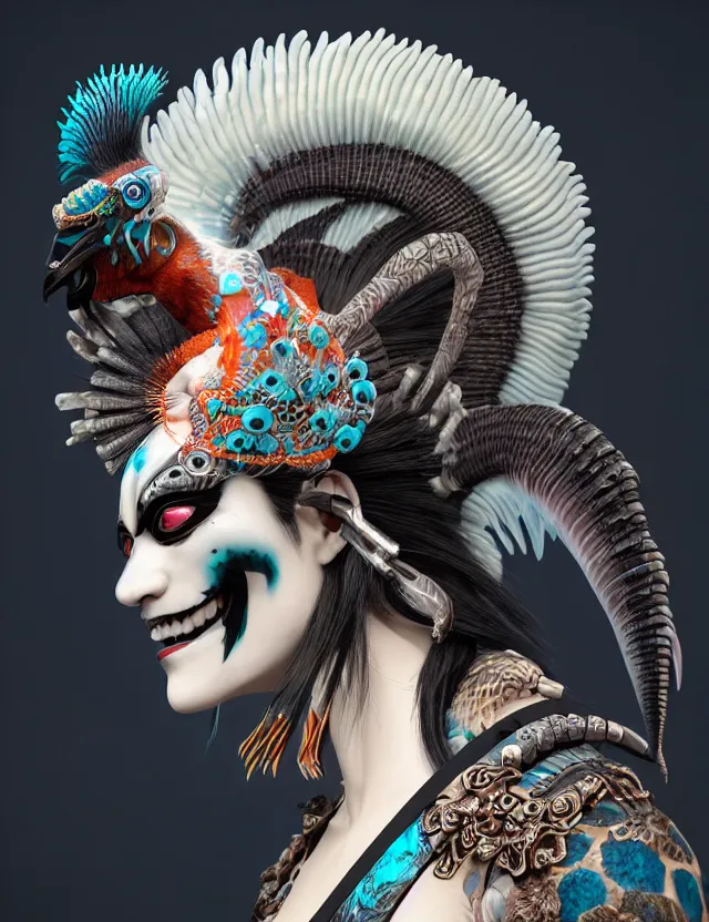 Image similar to 3 d goddess close - up profile portrait punk with mohawk with ram skull. beautiful intricately detailed japanese crow kitsune mask and clasical japanese kimono. betta fish, jellyfish phoenix, bio luminescent, plasma, ice, water, wind, creature, artwork by tooth wu and wlop and beeple and greg rutkowski