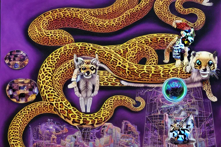 Image similar to a detailed painting of a cyberpunk magick ferret with occult futuristic effigy beautiful lynx fur that is a adorable leopard atomic latent snakes in between cybernetic ferret biomorphic of a molecular hallucinations in the style of escher, alex grey, stephen gammell inspired by realism, symbolism, magical realism and dark fantasy, crisp, vivid,