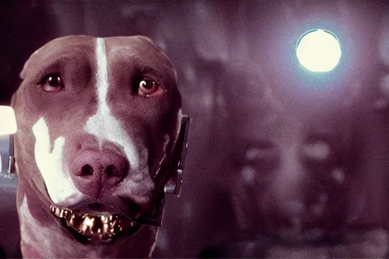 Prompt: cyborg - pitbull taking a selfie, in hell, in 1 9 6 5, y 2 k cybercore, industrial low - light photography, still from a kiyoshi kurosawa movie