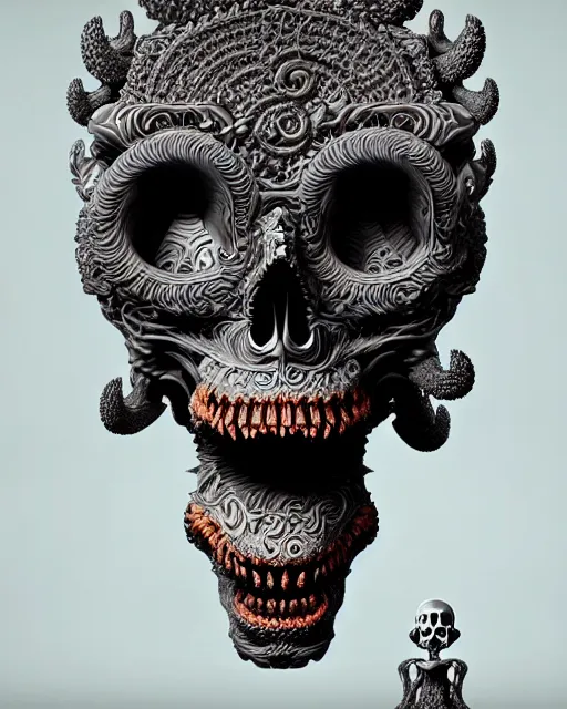 Image similar to 3 d ornate carved dark junji ito with profile portrait, sigma 5 0 0 mm f / 5. beautiful intricate highly detailed quetzalcoatl skull. bioluminescent, plasma, lava, ice, water, wind, creature, thunderstorm! artwork by tooth wu and wlop and beeple and greg rutkowski, 8 k trending on artstation