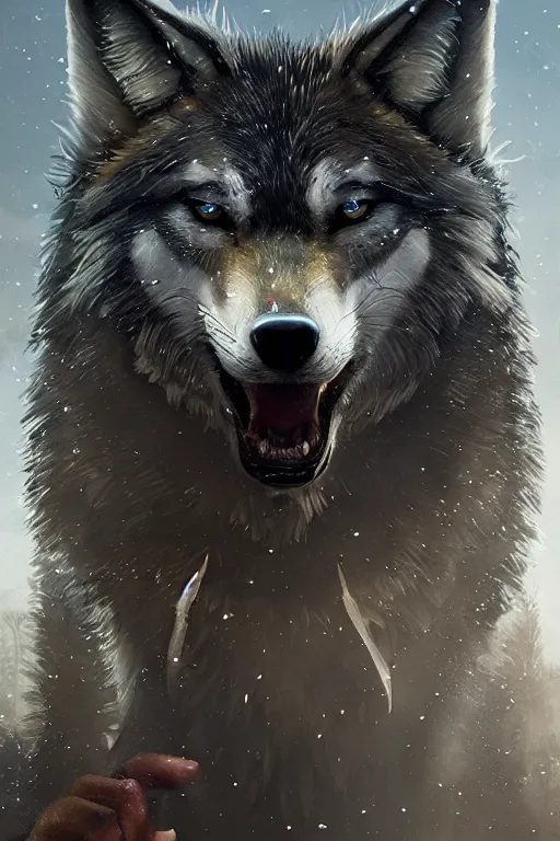 Image similar to a fancy portrait of a wolf with crystal fang's by Greg Rutkowski, Sung Choi, Mitchell Mohrhauser, Maciej Kuciara, Johnson Ting, Maxim Verehin, Peter Konig, final fantasy , mythical, 8k photorealistic, cinematic lighting, HD, high details, atmospheric,