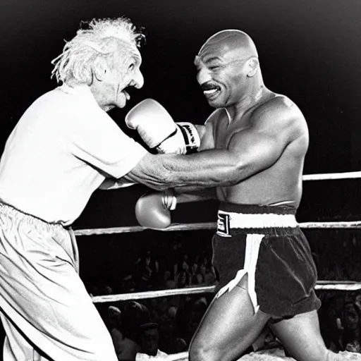 Image similar to albert einstein and mike tyson fighting each other in a boxing ring