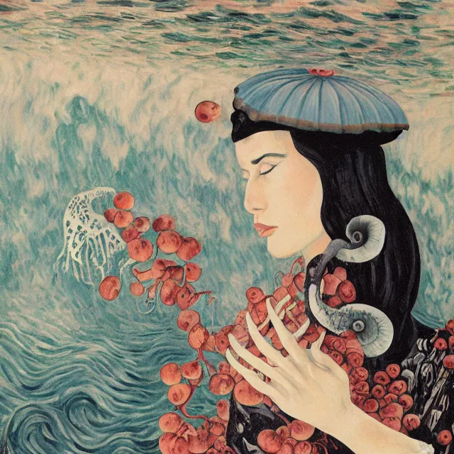 Prompt: tall emo female artist holding a nautilus in her flooded kitchen, pomegranates, octopus, water gushing from ceiling, painting of flood waters inside an artist's apartment, a river flooding indoors, ikebana, zen, rapids, waterfall, black swans, canoe, berries, acrylic on canvas, surrealist, by magritte and monet