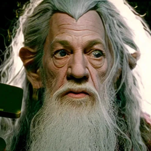 Image similar to portrait of gandalf the pink, hair ribbon, holding a blank playing card up to the camera, movie still from the lord of the rings