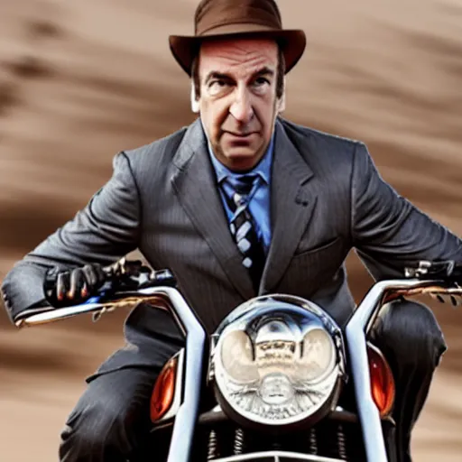 Image similar to A photo of Saul Goodman riding a motorcycle, highly detailed, 4k